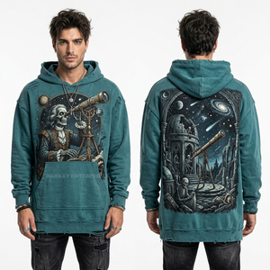 Sudadera con capucha azul verdoso vintage con gráfico de astrónomo zombi y telescopio espacial para hombre, estilo oversize, lavado ácido, streetwear, proveedor personalizado - Product Image 1