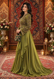 Vestido Maxi Transpirable Verde Oliva con Bordado a Mano y Pedrería para Mujeres Musulmanas Europeas, Sofisticado e Islámico - Product Image 3