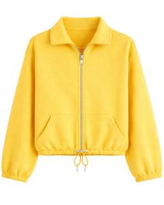Sudadera Corta de Forro Polar Amarillo Brillante con Cierre Completo para Mujer, Cuello Polo, Bolsillos Delanteros, Chaqueta con Cordón Ajustable, Top Elegante y Cálido - Product Image 1