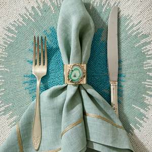 Exquisite Hand-Beaded <b>Round</b> Placemat Teal and <b>White</b> Gradient Starburst Design Premium Quality <b>Table</b> Protector for Fine Dining - Product Image 1