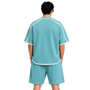 Aqua Blue Mens Oversized T Shirt And Shorts <b>Set</b> White Contrast Piping Customized Logo Crew Neck Casual Streetwear Wholesale - Product Image 2