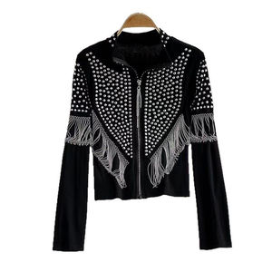 เสื้อคลุมคาร์ดิแกนผู้หญิงแบบมีซิปประดับเลื่อมและพู่ระบายอากาศได้ดี สไตล์ตะวันตก คอตั้ง ผลิตโดยผู้ผลิตเสื้อแจ็คเก็ต - Product Image 2