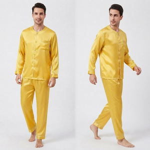 Men's Silk Satin 2-Piece Pajamas Set Custom Solid Yellow Breathable Eco-Friendly Long Sleeve Sleepwear with Chest Pocket - Product Image 4
