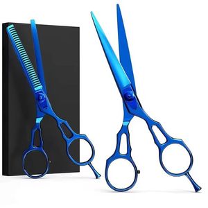 Ensemble de ciseaux à effiler les cheveux en acier inoxydable bleu 440C pour droitiers, manche long, usage professionnel en salon - Product Image 1