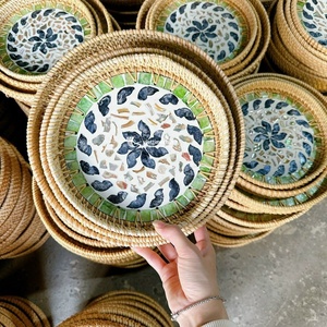 Elegant Mother of Pearl Inlay Mosaic Tray, Premium Handmade <b>Wicker</b> Rattan Serving and Display Tray Kitchenware Viettimmecraft - Product Image 5