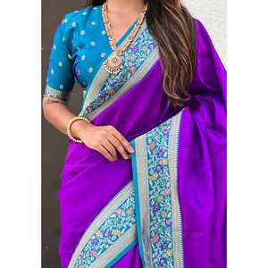 Sari en soie violette Elite Weaves Gala avec pallu Paithani et Kadiyal Zari tissé, robes de soirée élégantes avec détails complexes sur le pallu - Product Image 4