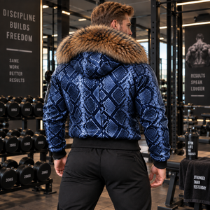 <b>Men's</b> Python Leather Zip <b>Jacket</b> with Luxurious Fur Hood Designer Streetwear Coat | Herren Lederjacke | Chaqueta Hombre Cuero - Product Image 2
