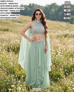 Ensemble Lehenga en Soie Simar Rose Brodé Bhandhani avec Perles, Longueur Ras du Sol, Tenue Traditionnelle de Mariage pour Femme, Séchage Rapide, Protection Solaire - Product Image 6