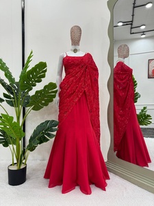 Nuevo y Exclusivo Tela de Georgette Estilo Indio para Fiesta, con Estampado Digital, Bordado, Ribete de Encaje, Sin Costuras, Lavable - Product Image 3
