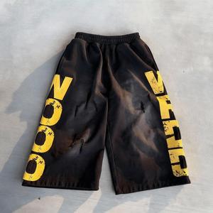 Shorts décontractés pour hommes en coton épais personnalisés avec imprimé en relief, style vintage délavé, motif graphique, cordon de serrage, streetwear, vente en gros - Product Image 1