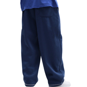Joggers décontractés pour hommes en coton tricoté mi-lourd, bleu marine, à jambe large, taille haute élastique, en molleton, délavé à l'acide, avec cordon de serrage et bande latérale - Product Image 4
