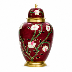 Urna Funeraria de Latón con Diseño Floral Rojo para Cenizas Humanas, Esmaltada a Mano, Recuerdo Conmemorativo para Adultos, Vaso Funerario con Diseño Elegante - Product Image 1