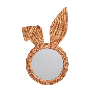 Miroir mural en rotin tressé naturel décoratif en forme d'oreilles de lapin pour enfants, artisanal, ornement de chambre d'enfant, style suspendu - Product Image 1