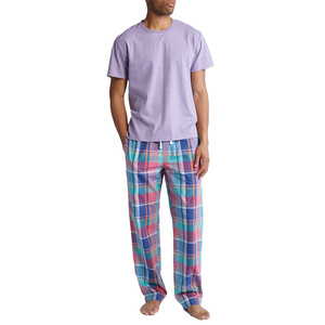 Ensemble pyjama à carreaux pour hommes, t-shirt à manches courtes et pantalon long, vêtements de nuit en coton tricoté, vêtements de maison décontractés d'été - Product Image 1