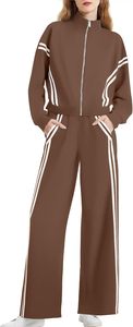 Conjunto deportivo de 2 piezas para mujer, color marrón, con cremallera, cuello vuelto, chaqueta a rayas y pantalones largos - Product Image 6