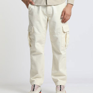 <b>Men's</b> <b>Cream</b> Canvas <b>Cargo</b> Pants Straight Fit Multiple Pockets Elastic Waist Casual Breathable Midweight Spring Style - Product Image 1