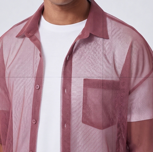 Chemise transparente en maille boutonnée pour homme, manches courtes, décontractée, coupe ample, en polyester, pour l'été - Product Image 5