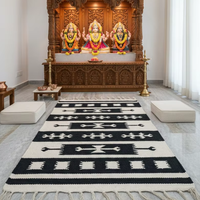 Tapis en coton tissé à la main, motif floral moderne, lavable en machine, réversible, couleur noire, pour la maison, les pique-niques et la prière