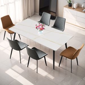 Tavolo da Pranzo in Pietra Sinterizzata e Marmo Porcellanato Bianco Dorato da 63 Pollici per Cucina e Soggiorno, Esclusivo per Uso Domestico - Product Image 3