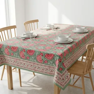 Mantel con estampado floral verde y flores rosas, con borde ornamental en tela verde salvia, diseño estampado a mano. - Product Image 2
