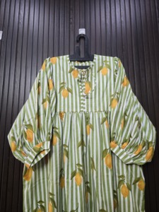 Green White Striped <b>Lemon</b> Print Cotton Cap Sleeve Tunic <b>Dress</b> Tea-Length Breathable Club <b>Dress</b> Adult Style - Product Image 5