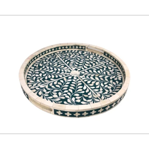 Plateau rond en incrustation d'os bleu marine avec motif floral blanc classique pour une décoration haut de gamme - Product Image 2