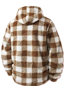 Mens Brown Plaid Fluffy Hooded Jacket Sherpa Fleece Checkered <b>Zip</b> Up Warm Oversized Plush <b>Hoodie</b> With <b>Pockets</b> Streetwear Winter - Product Image 2