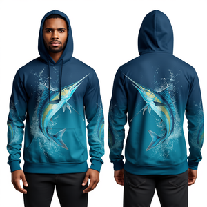 เสื้อฮู้ดดี้ตกปลา Ocean Drift Sailfish UPF 50 Plus Size ระบายอากาศได้ดี ป้องกันแบคทีเรีย/รังสียูวี แห้งเร็ว สีฟ้าอมเขียว พิมพ์ลายแบบ Sublimation - Product Image 2