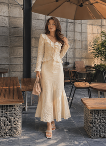 Trendy Women Beige <b>Linen</b>/Cotton One <b>Set</b> Ankle-Length Skirt V-neck Collar Long Sleeve Top Regular Skirt Suit Casual Elegant - Product Image 1