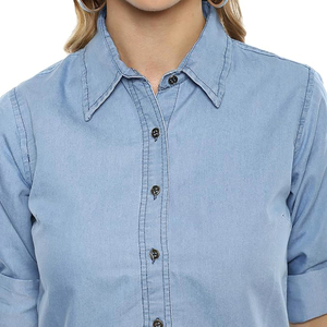 Camisa de Mezclilla con Cuello Alto 100% Algodón Orgánico para Mujer, Corte Ajustado, Manga Corta, Informal, de Verano, para Oficina - Product Image 6