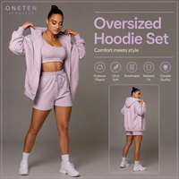 ONETEN APPARELS Ensemble sweat à capuche oversize pour femme, hiver, couleur lavande unie, polaire respirant, tenue de sport décontractée, 3 pièces avec short moulant