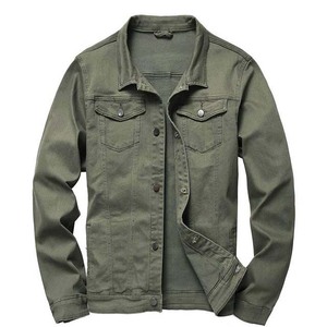 Veste en jean vert olive pour homme, col rabattu, simple boutonnage, coton tissé, coupe classique, automne - Product Image 1