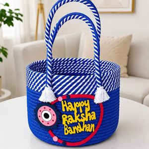 Panier tissé en coton blanc et violet écologique traditionnel avec décoration Joyeux Raksha Bandhan - Product Image 5