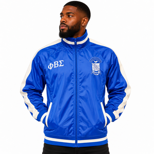 เสื้อแจ็คเก็ตวินเทจ Phi Beta Sigma สีน้ำเงินรอยัล ลายทางสีขาว แบบซิป แขนยาว คอตั้ง สไตล์ลำลองสำหรับกีฬาและกิจกรรมกลุ่ม - Product Image 1