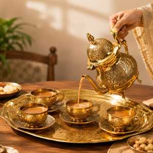 Luxury Brass <b>Tea</b> <b>Set</b> with Teapot, Cups, Saucers and Serving Tray – Traditional Indian Handcrafted Brass <b>Tea</b> & Coffee <b>Set</b> - Product Image 1