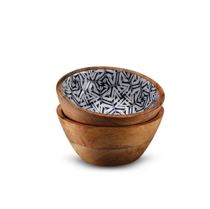 Ensemble de saladiers en bois de manguier avec intérieur décoratif imprimé en émail bleu, bols de service ronds en bois pour la maison et la restauration - Product Image 4