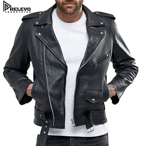 Veste de motard en cuir véritable noir pour homme, veste moto classique à fermeture éclair avec ceinture à la taille, poches zippées et épaulettes - Product Image 1