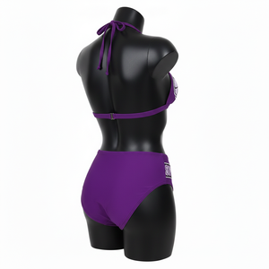Conjunto de bikini de lujo de poliéster y spandex, color morado, tela suave y elástica, paneles con rayas y estrellas en contraste, parche con logo, conjunto de bikini para mujer. - Product Image 6