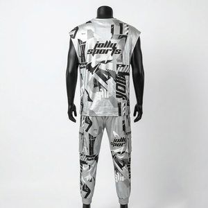 Ensemble t-shirt et jogging en coton mélangé pour homme, deux pièces, logo personnalisé par transfert thermique, couleur unie, t-shirt et pantalon pour homme - Product Image 2