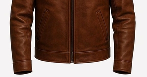 Blouson moto en cuir véritable beige pour homme, col rabattu, fermeture éclair, coupe ajustée, manches classiques, couleur unie, automne - Product Image 5