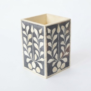 Vase à fleurs de luxe noir et blanc avec incrustation florale en os, sculpté à la main, pot décoratif de table pour hôtel et maison, vente en gros - Product Image 2