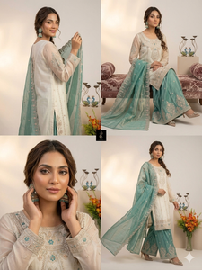 Ensemble palazzo ethnique en soie lourde pour femme avec dupatta fantaisie et broderies, idéal pour les fêtes de Sangeet, de Mehendi et de mariage - Product Image 2