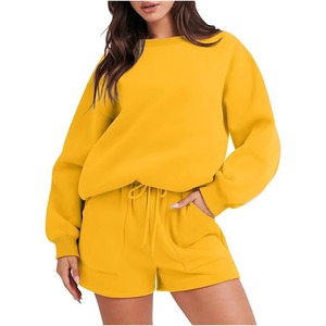 Conjunto de Dos Piezas Amarillo para Mujer, Sudadera Holgada y Pantalones Cortos, Estilo Casual, Color Sólido, Tejido de Algodón, para Primavera/Verano - Product Image 4