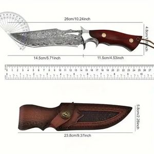 Cuchillo de caza personalizado OEM/ODM de 10 pulgadas, forjado a mano en Damasco, con hoja de punta de clip, mango de madera y funda de cuero (Grado DIY) - Product Image 6
