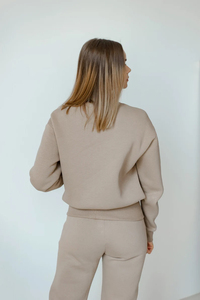 Wholesale Women Beige Half Zip Sweatsuit Set Custom Logo Fleece Jogger Outfit Women's Hoodies & Sweatshirts Manufacturer - Product Image 5