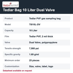 Sac d'échantillonnage de gaz TECHINSTRO Tedlar 10 litres avec film PVF et double valve, étanche pour l'échantillonnage d'air, de COV et de gaz du sol - Product Image 6