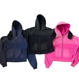 Sudadera Unisex Vintage, Lavada, Desgastada, Negra, 100% Algodón, Invierno, Tejida a Crochet, ODM, Cierre de Cremallera, Cuello con Botones, Pedrería, Sólida - Product Image 4