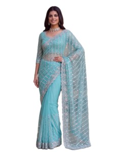 Sari en soie vert menthe élégant avec broderie de sequins, tenue de fête de mariage, style indien pakistanais, longueur au sol pour femmes - Product Image 4