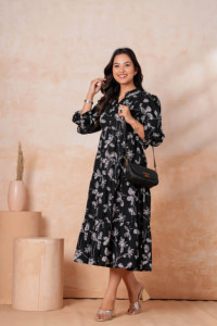 Floral Print Puff Sleeve Fit & Flare <b>Three</b>-Quarter Dress - Product Image 6