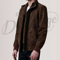 Chaqueta de gamuza marrón oscuro para hombre, con cierre de cremallera, cuello alto, estilo bomber, corte ajustado, de gamuza de cabra premium, tipo Harrington.